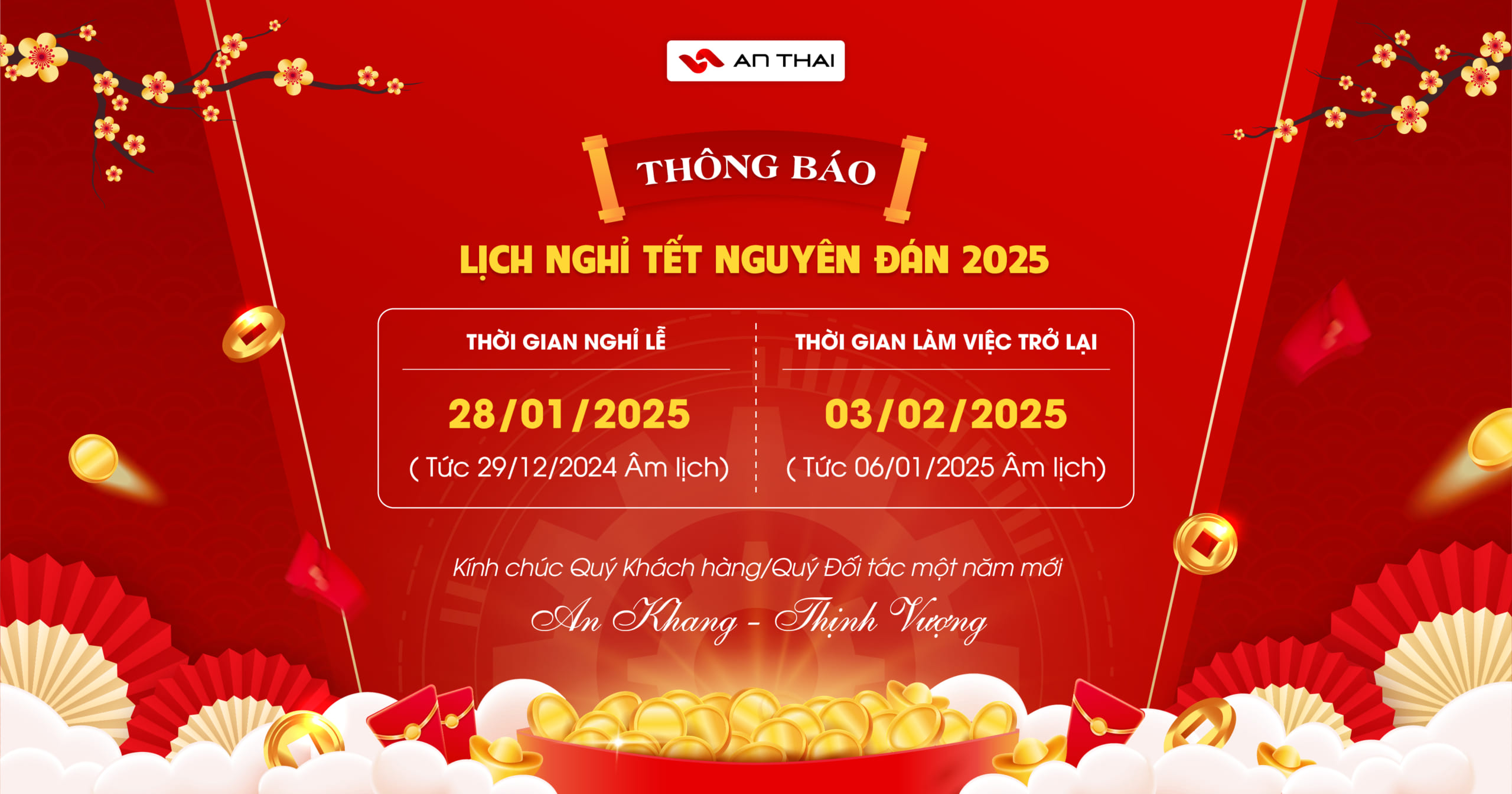 THÔNG BÁO LỊCH NGHỈ TẾT NGUYÊN ĐÁN ẤT TỴ 2025