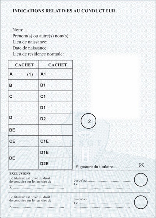 Hạng xe được điều khiển in bằng tiếng Pháp
